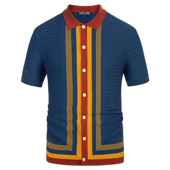 NWT PJ PAUL JONES Men’s 70s Vintage Knit Polo Shirt – Dark Blue, Small - Picture 1 of 6